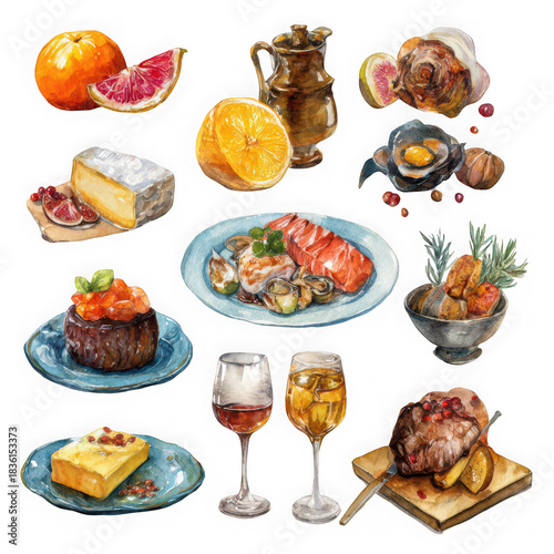 Watercolor food set illustration on white background