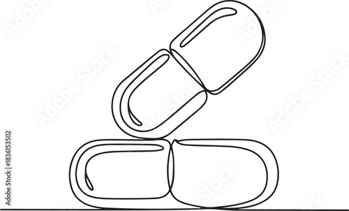 Continuous line art illustration of a pill and capsule in a clean minimal medical style