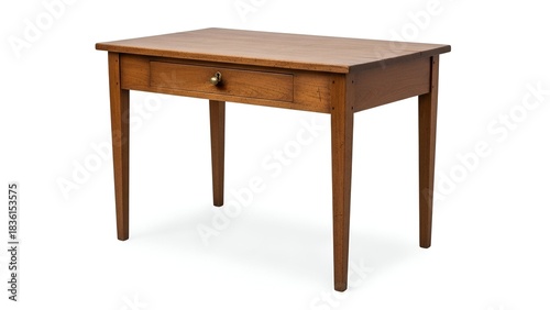 A small wooden desk with a drawer, set against a bright white background