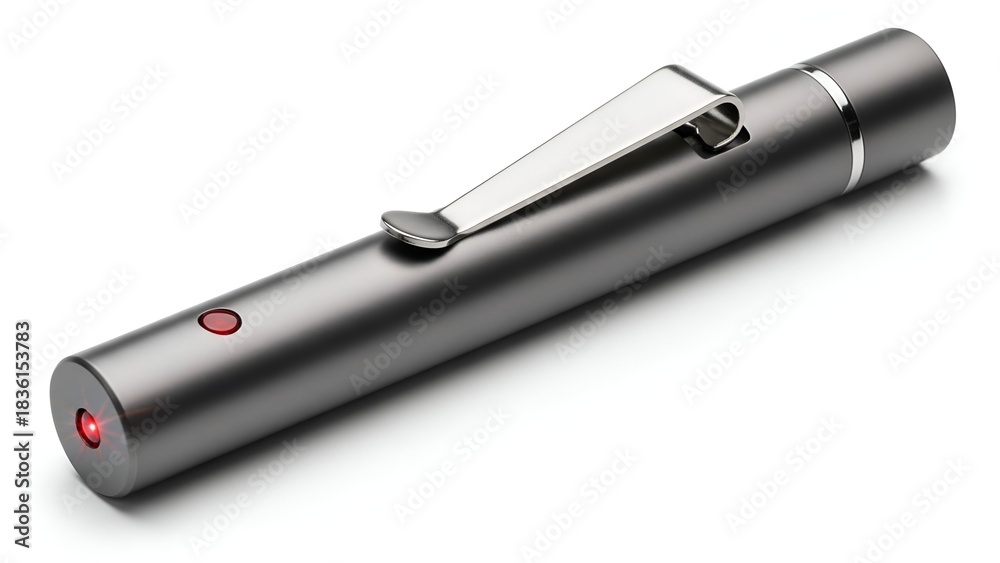 Fototapeta premium A silver metallic laser pointer with a clip, emitting a red beam