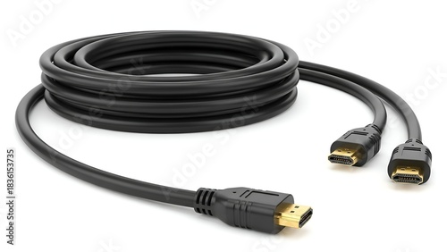 A coiled black cable with three HDMI connectors, casting a soft shadow on a white surface