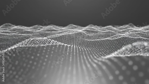 Clean minimalist abstract background visualization of white quantum particles oscillating rhythmically across a smooth gray digital field tech, conceptual, future