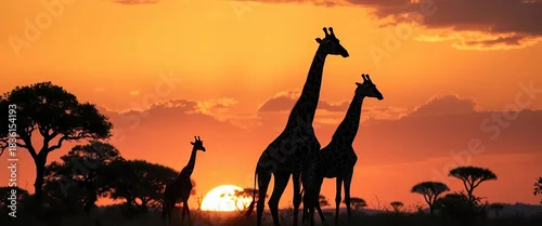 Obraz Silhouetted giraffe family and acacia trees at sunset in the Masai Mara, Kenya,   wild,  Africa
