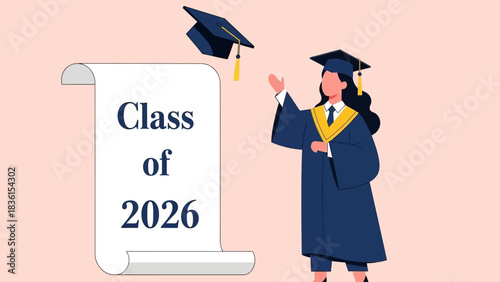 Happy graduate woman in academic gown celebrating the commencement ceremony for the graduating Class of 2026