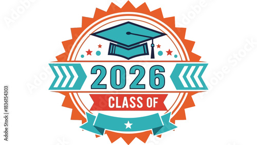 Class of 2026 graduation emblem with a mortarboard cap. Vector graphic design for high school or college seniors in a vintage style badge