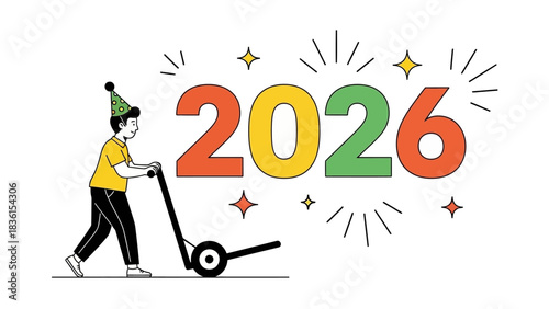 A young person in a festive party hat pushes a hand truck carrying the colorful number 2026, symbolizing the arrival of the new year