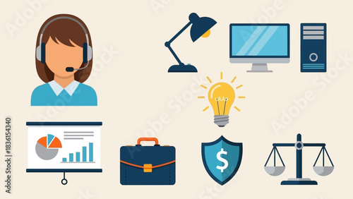 A modern collection of flat design business icons representing finance, customer support, legal services, and office elements for the year 2026