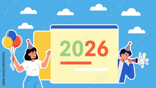 Happy people celebrating the start of the new year 2026 with a party, festive illustration with a calendar and confetti