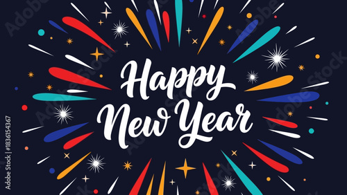 Festive Happy New Year 2026 greeting with colorful fireworks bursting on a dark background. A celebratory vector illustration for the holiday