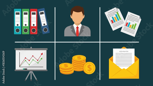 A collection of flat design business icons representing financial analytics, corporate management, and office administration for strategic planning