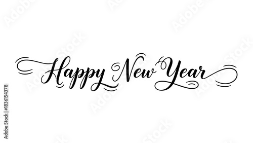 Elegant Happy New Year calligraphic script lettering with decorative swirls. Vector illustration for greeting cards and holiday banners