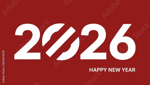 Happy New Year 2026 greeting card with modern and creative white typography on a bold red background, a vector banner design