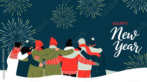 Illustration of a diverse group of friends hugging and watching a fireworks display for a Happy New Year 2026 celebration