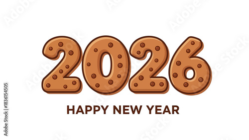 Happy New Year 2026 greeting card with numbers shaped like sweet gingerbread cookies. Festive typography illustration for holiday celebration