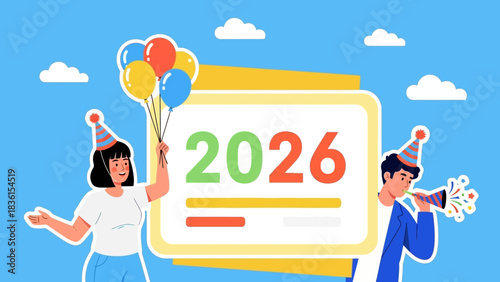 Festive vector illustration of a happy couple celebrating the arrival of the new year 2026 with balloons and confetti