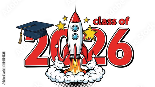 Illustration of a rocket launching for the Class of 2026, featuring a graduation cap and stars for a commencement design