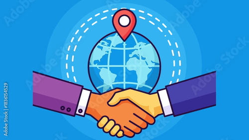 International business partnership concept shown with a handshake over a globe, symbolizing global agreements and worldwide cooperation deals