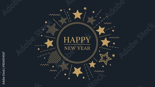 Modern Happy New Year 2026 greeting card design with golden celebratory stars and geometric elements on a dark background