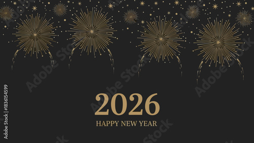 Elegant Happy New Year 2026 celebration banner with golden fireworks on a dark background for festive holiday greetings