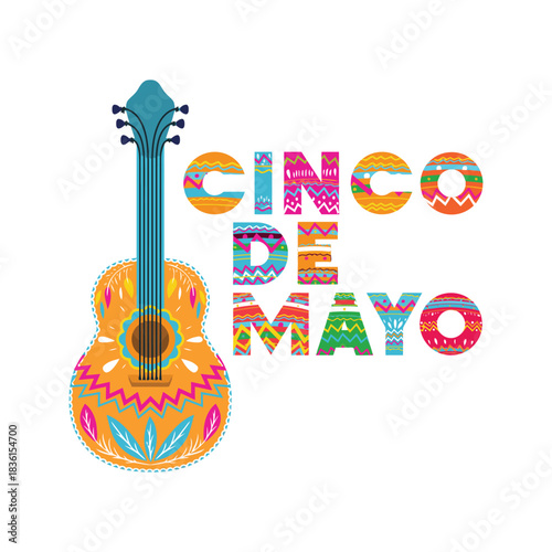 Cinco de Mayo celebration with guitar and text.