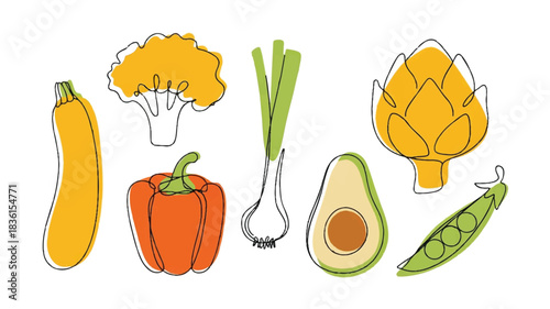A minimalist line art illustration of eight fresh vegetables arranged in a neat horizontal row on a clean white background