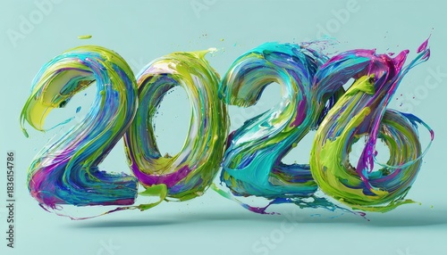 Vibrant, swirling numeral depiction of twenty twenty six created with colorful fluid art