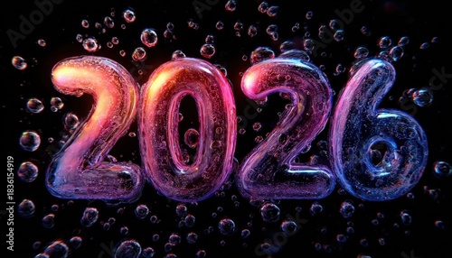 Illuminated translucent numbers depicting the year twenty twenty six float amidst liquid spheres