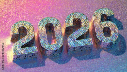 Sparkling holographic numerals represent the year twenty twenty six against a vibrant, shimmering background