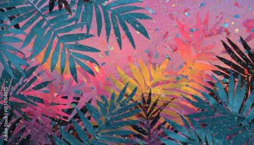 Vibrant layered palm foliage creates an abstract tropical scene with sparkling accents