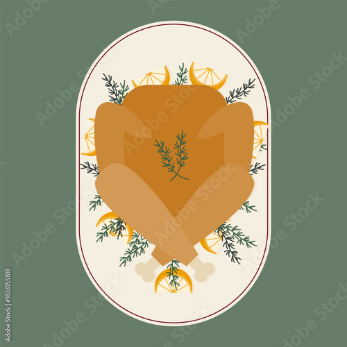 Roasted turkey. Traditional dinner for Thanksgiving. Vector illustration, flat design