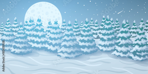 Vector illustration winter background, night landscape, winter forest with full moon and falling snow