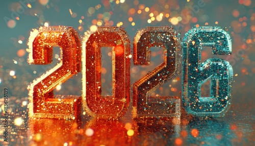 Three dimensional numbers representing the year twenty twenty six glitter with festive bokeh lights