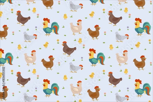 Delight in this colorful vector illustration featuring a whimsical farmyard seamless pattern. The design showcases roosters, hens, and chicks scattered across a light blue background, perfect for fabr