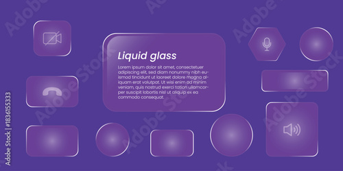 Collection of translucent purple liquid glass shapes and ui elements with subtle light reflections and gradients on a dark background
