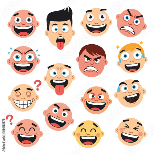 Funny cartoon comic faces vector illustration in a flat 2D style showing various bold and exaggerated expressions isolated on a clean white background.