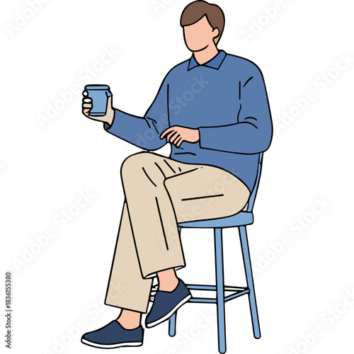 Man Wearing Blue Long Sleeve Shirt and Khaki Pants Sitting on a Blue Stool Holding a Blue Cup and Touching His Knee in a Simple Art Style with a Black Background