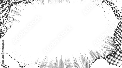 Black and white comic book explosion burst frame with halftone dots and lines abstract background