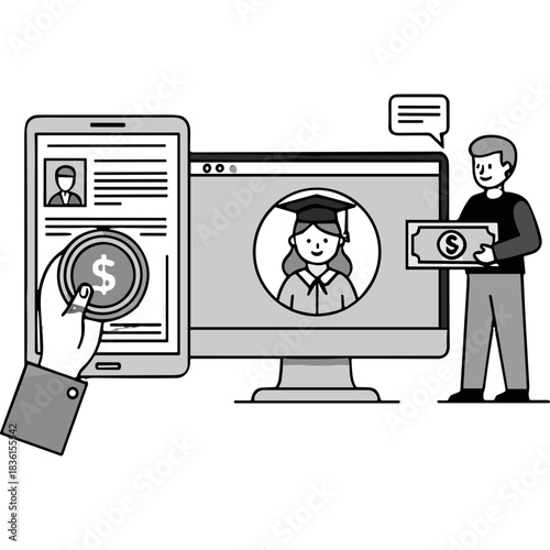 Man and Woman Online Education Concept Payment And Graduation Symbol On Computer Screen And Mobile Phone With Dollar Symbol And Coin