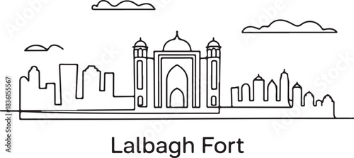 Continuous Line Art of Dhaka Skyline with Lalbagh Fort Minimal Outline Illustration