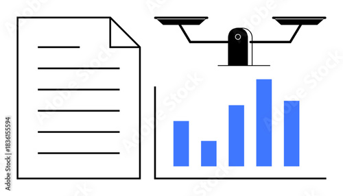 Business analytics, decision-making, data-driven insights, professional reports, corporate planning, evaluation metrics. Chart, document and balance scale icon. Business analytics