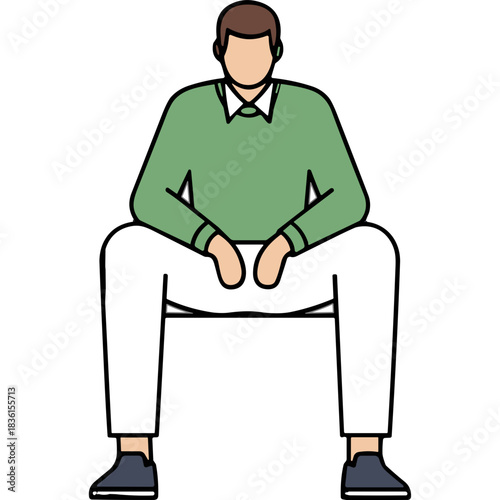 Man In Green Crew Neck Sweater And White Pants Sitting Down Against Black Background With Blue Shoes Full Body Portrait Minimalist Flat Illustration