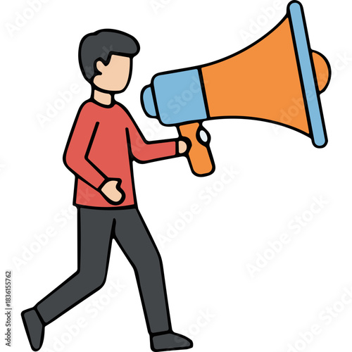 Man In Red Shirt Walking And Holding A Megaphone With Blue And Orange Horn And Light Blue Handle On A White Background
