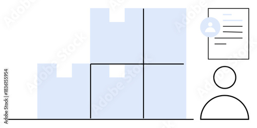 Data organization, identity verification, logistics system, profile management, supply chain, digital records. Graphic of stacked boxes and a user profile icon. Data organization and identity