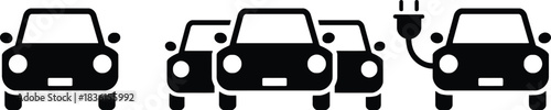 electric car, ev, car, automobile, vehicle, charging, plug, electricity, transportation, icon, symbol, silhouette, black, white, background, front view, multiple cars, connected, energy