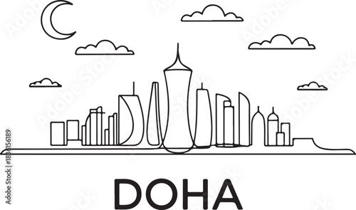 Continuous Line Art of Doha Skyline Featuring Crescent Tower Minimal Outline Illustration