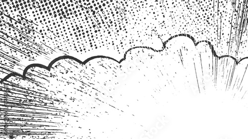 Black and white comic book explosion burst halftone dots and lines abstract background