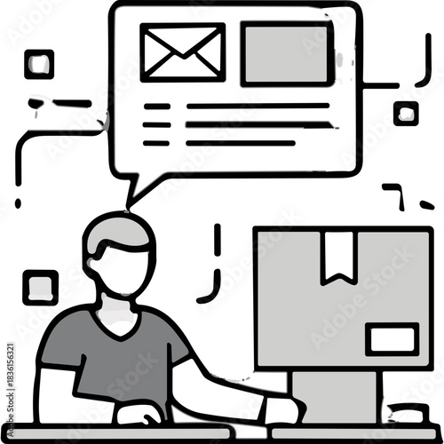 Man Sitting At A Desk With Stacked Cardboard Boxes Next To Him Thinking About Shipping And Delivery With Icons Representing Email And Packages In Thought Bubble Against Black Background