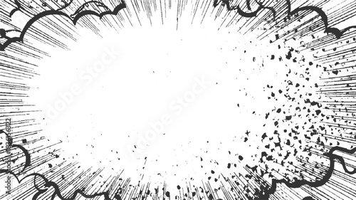 Black and white comic book explosion burst effect with scattered debris manga