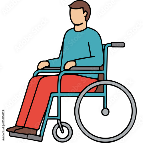 Man Sitting In A Teal Wheelchair Wearing A Teal Long Sleeve Shirt And Orange Pants With Brown Shoes On A Black Background