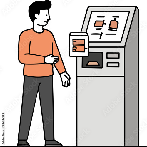 Man Interacting With Touchscreen Kiosk Displaying Product Information And Purchase Options In A Modern Retail Environment